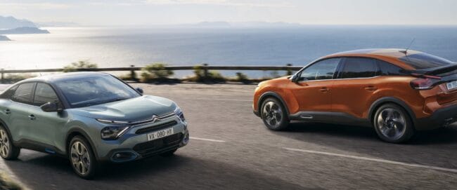 Citroen C4 front and rear view in blue and orange color